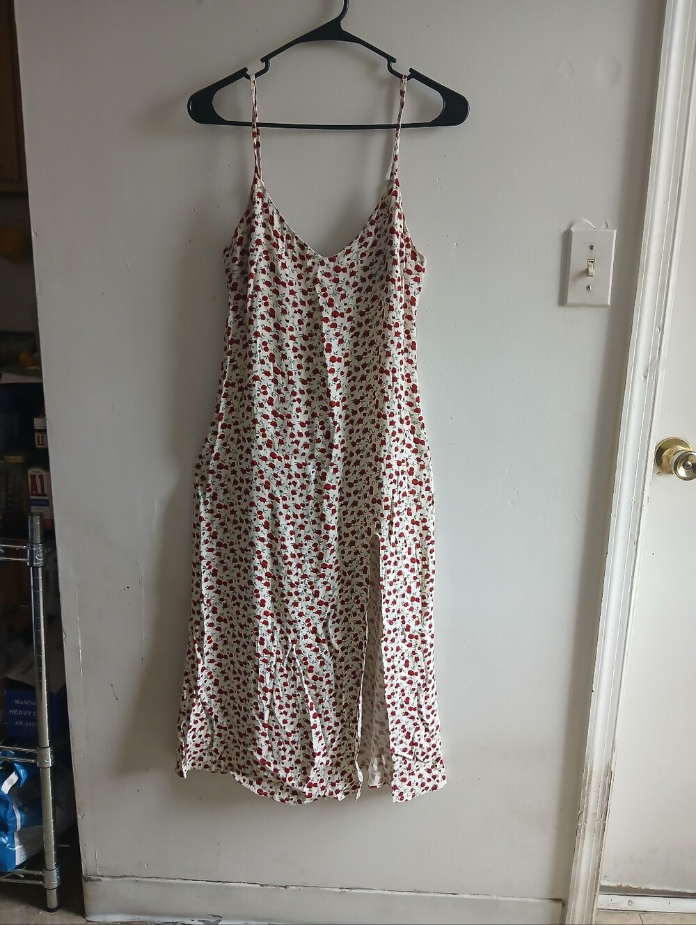 Reformation Cream Slip Midi Dress with Red Floral Print